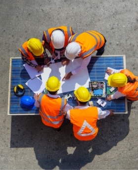 Construction team looking at plans