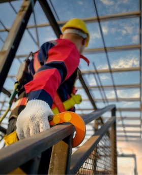 Construction worker with safety tie off